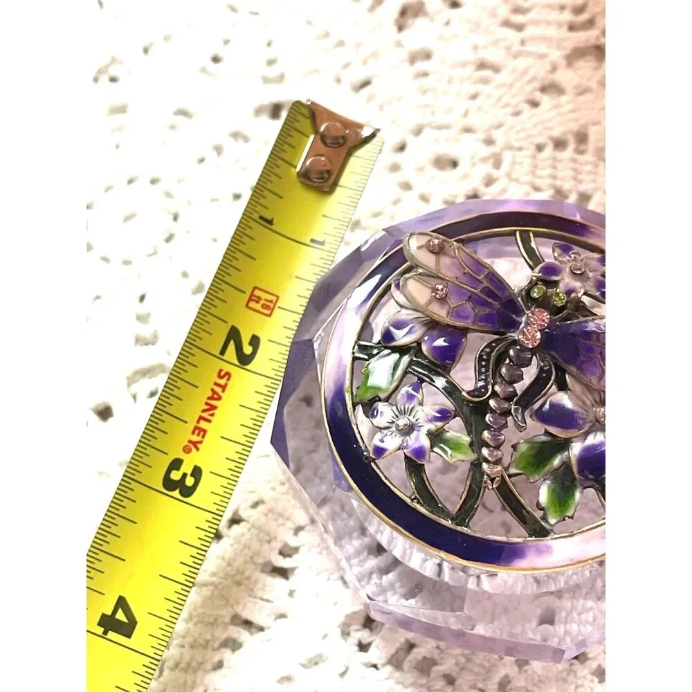 Vintage Y2K Iridescent Glass Enamel & Crystal Dragonfly Floral Purple Octagon Tr